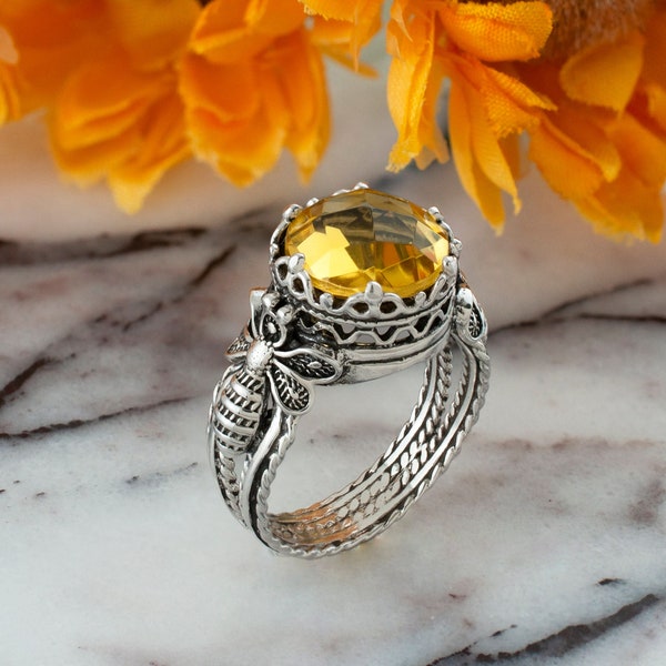 Citrine Silver Filigree Bee Cocktail Ring, 925 Oxidized Sterling Silver Artisan Handmade Bumble Bee Victorian Statement Ring, Honey Bee Ring