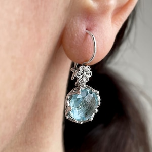 Blue Topaz Silver Victorian Women Drop Earrings, 925 Sterling Silver, Blue Gemstone Handmade Filigree Dangle Floral Boho Nature Earrings