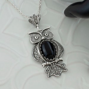Black Onyx Silver Owl Gothic Pendant Necklace, 925 Sterling Silver Artisan Handmade Filigree Fancy Animal Lover Goth Jewelry, Owl Lover Gift