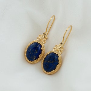 Gold Lapis Lazuli Edwardian Silver Drop Earrings, 925 Sterling Silver Gold Plated Handmade Filigree Boho Woman Dangle Earrings Jewelry