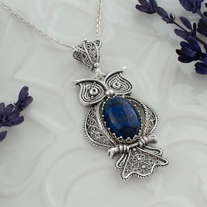 Lapis Lazuli Silver Owl Gothic Pendant Necklace, 925 Sterling, Artisan Handmade Filigree Fancy Animal Lover Goth Jewelry, Owl Lover Gift