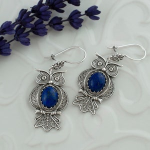 Lapis Lazuli Silver Boho Animal Owl Dangle Earrings, 925 Sterling Artisan Handmade Filigree Woman Animal Lover Jewelry, Owl Lover Earrings
