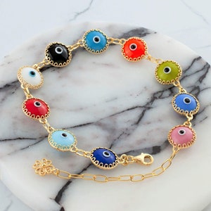Vergoldetes Silber Multicolor Evil Eye Charm Armband, Glücksbringer, Transparente Murano Glas Perlen, Gold Filled Schutz Armband