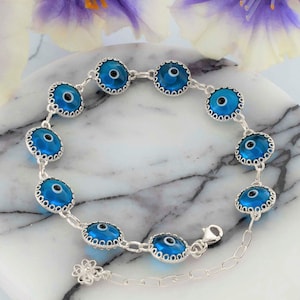 Bransoletka ze srebra próby 925 z zawieszką Lapis Evil Eye, zawieszka na szczęście, 10 mm przezroczyste koraliki ze szkła Lapis Murano, bransoletka ochronna