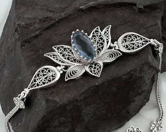 Oval Blue Topaz Silver Lotus Women Bracelet, 925 Sterling Silver Handmade Blue Stone Filigree Dainty Boho Flower Bracelet Jewelry