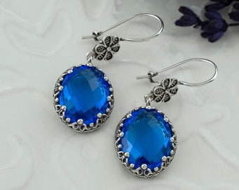 Blue Quartz Silver Victorian Dangle Earrings, 925 Sterling Silver Artisan Handmade Crystal Quartz Gemstone Filigree Woman Earrings Jewelry
