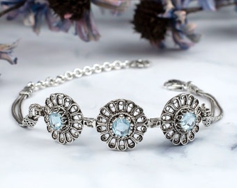 Blue Topaz Genuine Gemstones Silver Gothic Bracelet, 925 Sterling Silver Artisan Handmade Filigree Dainty Bracelet, Wedding Women Jewelry