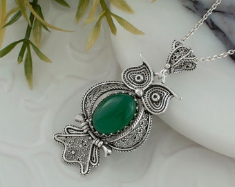 Green Agate Silver Owl Art Deco Pendant Necklace, 925 Sterling, Artisan Handmade Filigree Fancy Animal Lover Boho Jewelry, Owl Lover Gift