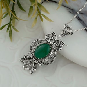 Green Agate Silver Owl Art Deco Pendant Necklace, 925 Sterling, Artisan Handmade Filigree Fancy Animal Lover Boho Jewelry, Owl Lover Gift