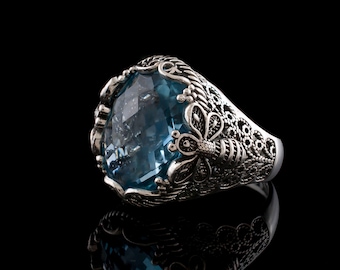 Sky Blue Topaz Silver Bumble Bee Statement Ring, 925 Sterling Artisan Handmade Jewelry Ornate Ring, Topaz Gemstone Cocktail Ring