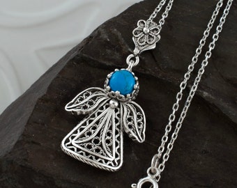 Blauw turkoois beschermengel hanger ketting, ambachtelijke handgemaakte filigraan boho cherubijn hemelse vrouwen hanger, 925 sterlingzilver