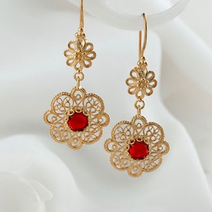 Ruby Gold Victorian Floral Charm Dangle Earrings, 925 Sterling Silver Gold Plated Red Quartz Gemstone Handmade Drop Women Statement Earrings