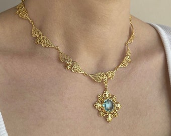 Gold Blue Topaz Silver Choker Antique Necklace, 925 Sterling Gold Plated Handmade Victorian Filigree Vintage Floral Necklace Jewelry