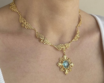 Gold Blue Topaz Silver Choker Antique Necklace, 925 Sterling Gold Plated Handmade Victorian Filigree Vintage Floral Necklace Jewelry