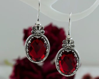 Ruby Quartz Silver Gothic Boho Dangle Earrings, Goth Red Earrings, 925 Sterling Silver Artisan Handmade Filigree Woman Jewelry