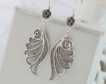 Orecchini pendenti in argento con ali d'angelo, orecchini pendenti in argento sterling 925 con ali, orecchini floreali in filigrana realizzati a mano, gioielli fatti a mano da donna
