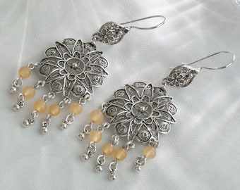 Calcite Beaded Silver Chandelier Lotus Earrings, 925 Sterling Silver Artisan Handmade Edwardian Dangle Drop Statement Flower Earrings