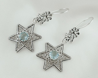 Blue Topaz Silver Gothic Star Women Drop Earrings, Sterling Silver, Blue Stone Handmade Filigree Celestial Dangle Earrings, Gift for Her