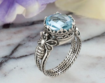 Sky Blue Topaz Silver Honey Bee Cocktail Ring, 925 Oxidized Sterling Silver Artisan Made Filigree Bumble Bee Boho Women Statement Ring