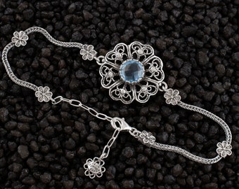 Blue Topaz Silver Boho Flower Women Bracelet, 925 Sterling Silver Handmade Artisan Crafted Victorian Filigree Chain Bracelet Jewelry