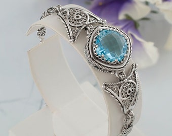 Sky Blue Topaz Silver Filigree Bracelet, 925 Sterling Silver Genuine Gemstone Artisan Handmade Floral Boho Bracelet