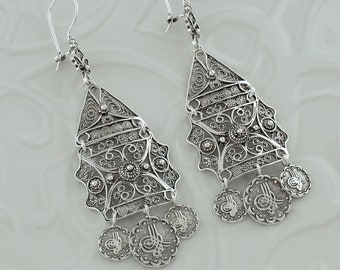 Handmade Silver Ornate Ottoman Filigree Earrings 925 Sterling Silver Large Dangle Lace Earrings Artisan Made Handcrafted, One of a Kind