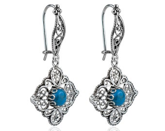 Turquoise Silver Victorian Floral Dangle Earrings, 925 Sterling Silver Genuine Gemstones Drop Earrings Handmade Filigree Women Jewelry