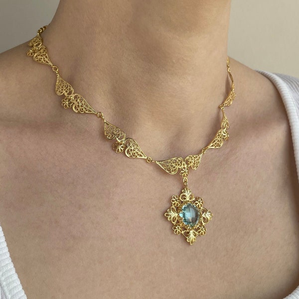 Gold Blue Topaz Silver Choker Antique Necklace, 925 Sterling Gold Plated Handmade Victorian Filigree Vintage Floral Necklace Jewelry