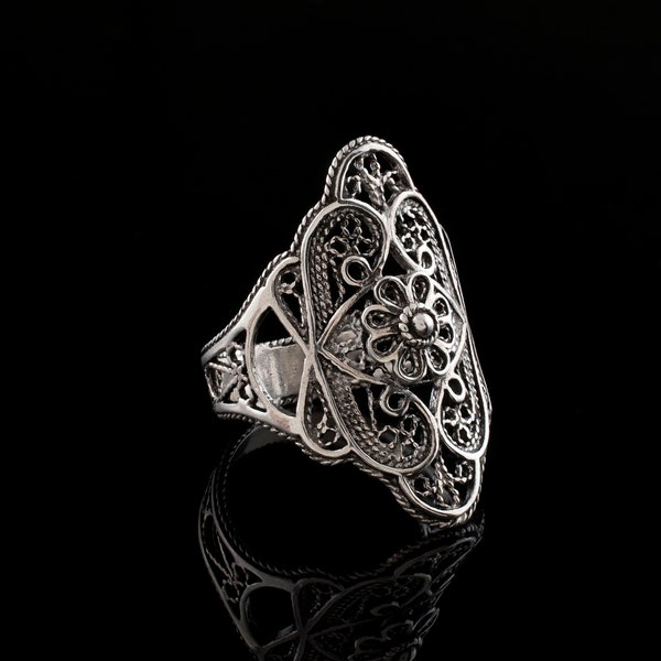 Bague florale en argent faite main en dentelle filigrane, bague pour femme artisanale fabriquée à la main en argent sterling 925, bijoux faits main