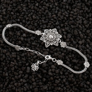 Sterling Silver Handmade Filigree Floral Bracelet, Adjustable Handcrafted Bracelet Gothic Goth Women Chain Bracelet, Lotus Flower Jewelry