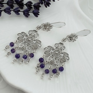 Amethyst Beaded Silver Filigree Floral Earrings, 925 Sterling Silver Artisan Handmade Dangle Drop Chandelier Statement Flower Beads Earrings