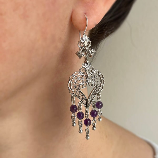 Amethyst Beaded Silver Victorian Heart Earrings, 925 Sterling Silver Artisan Handmade Dangle Drop Chandelier Statement Heart Earrings