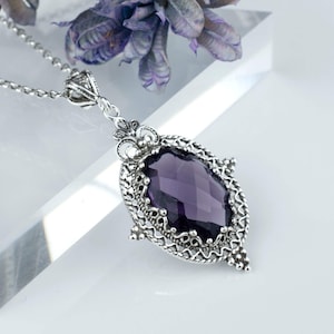 Amethyst Silver Boho Pendant Necklace, 925 Sterling Silver Big Stone Pendant Artisan Handmade Filigree Oval Statement Pendant