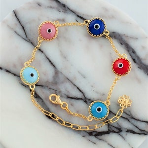 Gold Plated Silver Multicolor Evil Eye Chain Bracelet, 10 mm Solid Murano Glass Beads, Gold Filled Protection Bracelet for Bad Luck