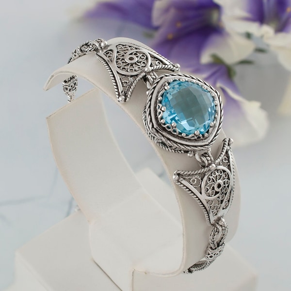 Bracelet filigrane en argent et topaze bleu ciel, bracelet bohème floral fait main artisanal en argent sterling 925 avec pierres précieuses véritables