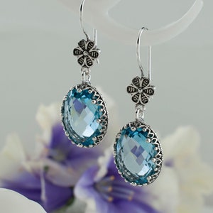 Blue Topaz Silver Filigree Women Dangle Earrings, 925 Sterling Silver Artisan Handmade Floral Goth Gothic Women Earrings Jewelry, Gift Boxed