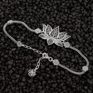 Silver Lotus Flower Memorial Women Bracelet, 925 Sterling