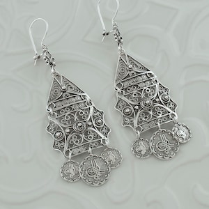 Handmade Silver Ornate Ottoman Filigree Earrings 925 Sterling Silver Large Dangle Lace Earrings Artisan Made Handcrafted, One of a Kind