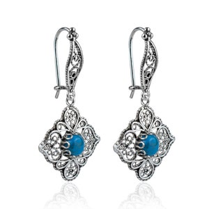 Turquoise Silver Victorian Floral Dangle Earrings, 925 Sterling Silver Genuine Gemstones Drop Earrings Handmade Filigree Women Jewelry