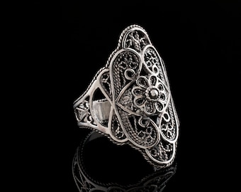 Silver Handmade Filigree Lace Floral Ring, 925 Sterling Artisan Made Handcrafted Women Ring Statement Ring, Handmade Jewelry