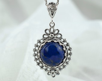 Lapis Lazuli Silber Viktorianische Blumen Anhänger Halskette, 925 Sterling Silber Handwerker Handmade Filigrane Gothic Große Frauen Schmuck