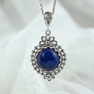 Lapis Lazuli Silber Viktorianische Blumen Anhänger Halskette, 925 Sterling Silber Handwerker Handmade Filigrane Gothic Große Frauen Schmuck