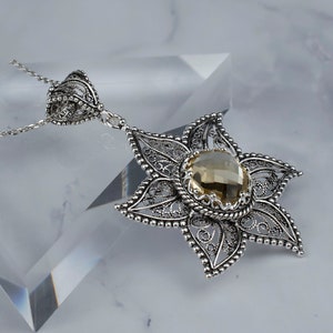 Citrine Silver Boho Large Sun Pendant Necklace, 925 Sterling Silver Artisan Handmade Filigree Large Wavy Star Floral Women Jewelry