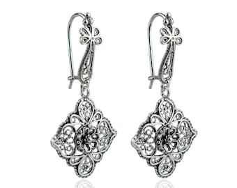 Viktorianische Blume baumeln Ohrringe, 925 Tropfen-Blumenohrringe handgemachte filigrane Frauen Schmuck