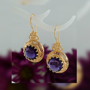 Gold Amethyst Silver Vintage Drop Earrings, 925 Sterling Gold Plated Purple Gem Artisan Handmade Victorian Filigree Antique Unique Earrings