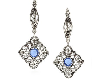 Blue Quartz Silver Victorian Floral Dangle Earrings, 925 Sterling Silver Genuine Gemstones Drop Earrings Handmade Filigree Women Jewelry