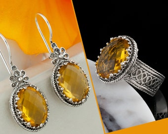 Citrine Silver Oval Victorian Jewelry Set, 925 Sterling Artisan Made Filigree Floral Jewelry Set Citrine Gemstone, Citrine Ring and Earrings