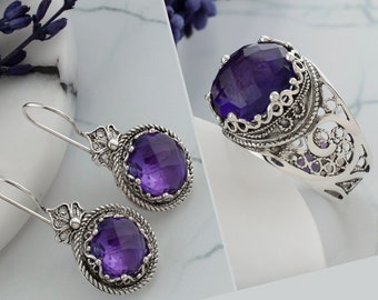 Amethyst Silver Bridal Jewelry Set, 925 Sterling Drop Earrings and Ring Artisan Made Filigree Floral Jewelry Set, Amethyst Gemstone Set