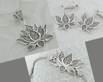Silver Filigree Boho Lotus Flower Jewelry Set, 925 Sterling Silver Artisan Handmade Floral Jewelry Set, Lotus Bracelet, Earrings and Pendant