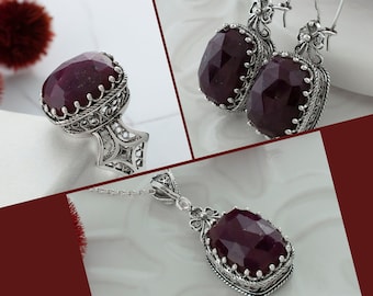 シルバー　925   ルビー Ruby Corundum Gothic Silver Jewelry Set, 925 Sterling